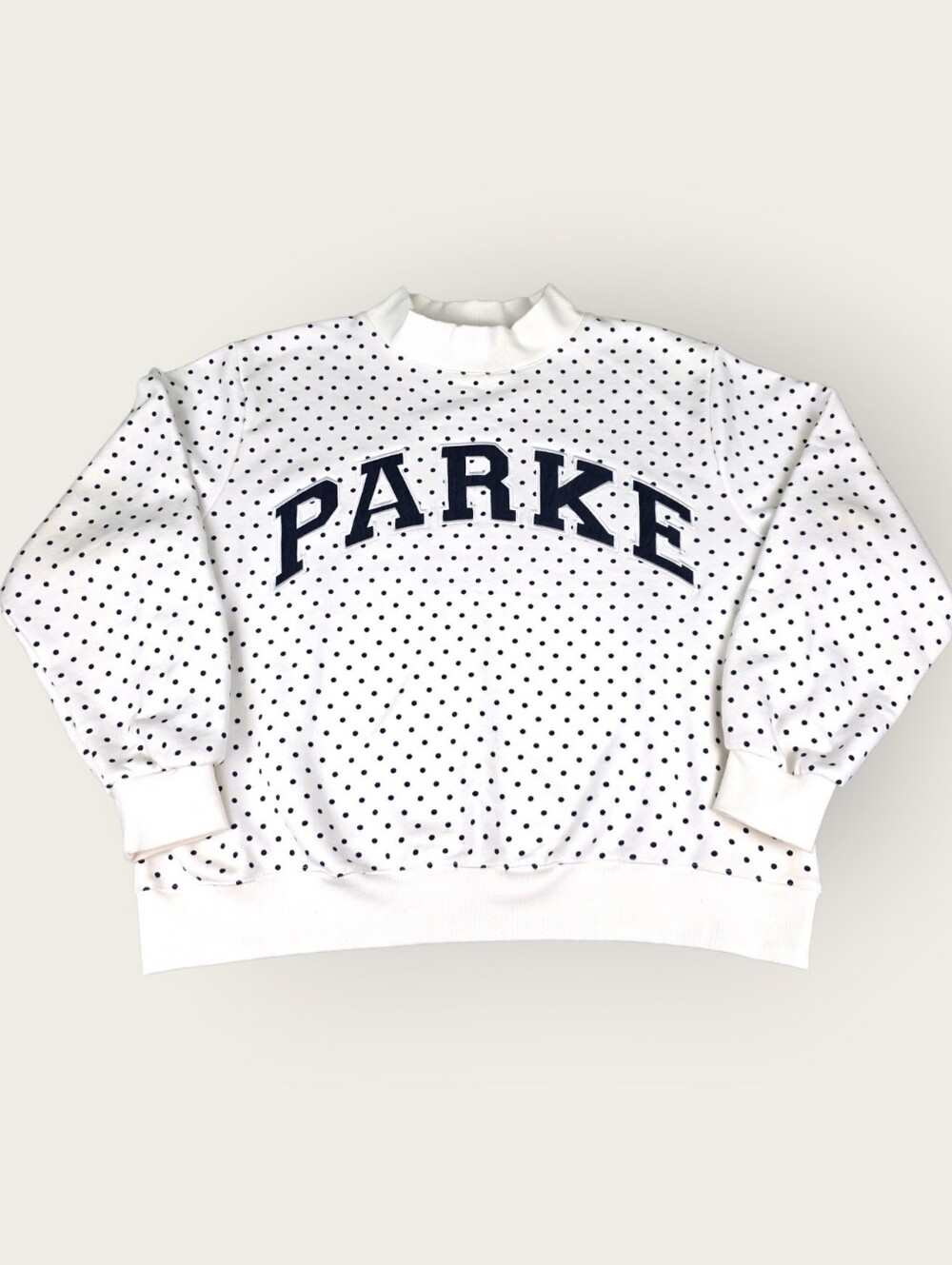 PARKÉ Varsity Mockneck Sweater Women's L/XL White Navy Blue Polka Dot Graphic